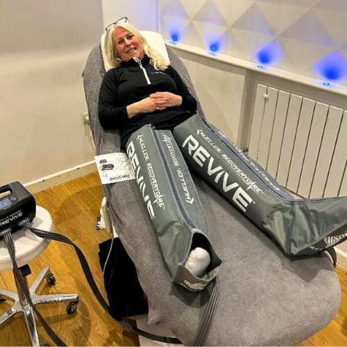 Ruth Hyde wearing REVIVE compression trousers in Cryojuvenate Sevenoaks