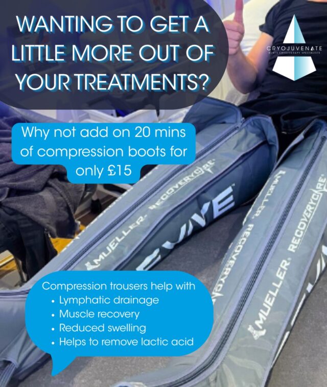 ✨ Make your treatment go that little bit further! 

Why not add compression boots to your next treatment at Cryojuvenate? ❄️🦵
The perfect finishing touch to your session, helping support circulation, encourage lymphatic flow and leave your legs feeling refreshed

Whether you’re recovering from training, spending long hours on your feet or simply making time for yourself, it’s the perfect way to get a little extra from your visit💆‍♀️💪

📲 Ask us to add compression to your next booking!

#CryojuvenateUK #CompressionBoots #RecoveryAddOn #SportsRecovery #Sevenoaks