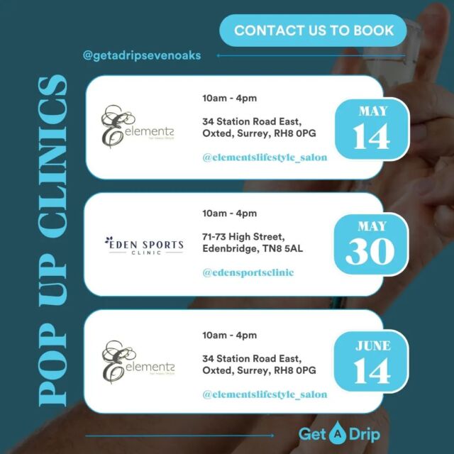 The power of collaboration at its finest 🙌 driven by a shared vision to reach and, most importantly, HELP more people 🫶

Here are the upcoming dates at our @getadripsevenoaks pop-up clinics at @elementslifestyle_salon and @edensportsclinic.

If you're in Kent or Surrey - or know anyone who is - pop in and see us! We'll be offering an exclusive discount on the day.

Spaces are limited so pre-book early by contacting us via email (contact@cryojuvenate.com) or phone (01732 449411).

#popupclinic #popupevent #ivclinic #ivdrips #ivtherapy #vitamininfusions #wellnessdrip #fitnessdrips #ivparty #surrey #oxted #Kent #edenbridge #sevenoaks #wellnesspopup #wellnessevents #healthevents #healthpopup #getadripsevenoaks #detoxdrips #hairskinnails #multivit #multivitamin