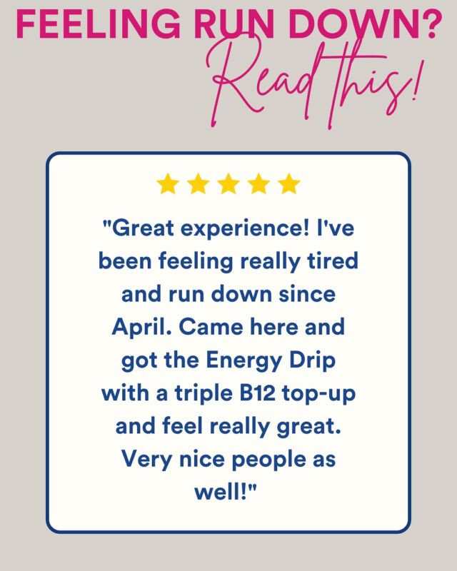 🚀 Need an Energy Boost? Read This! 🚀

Feeling tired, run down, or struggling to focus? You’re not alone! 💭💤 Our client came in feeling exhausted and left feeling revitalised with our Energy Drip + Triple B12 Top-Up! 💉⚡

✅ Fights fatigue & exhaustion
✅ Boosts focus & mental clarity
✅ Supports metabolism & overall wellness

B12 = The ultimate energy booster! It helps with brain function, red blood cell formation & lasting energy levels.

Ready to recharge? Book your Energy Drip today!

#GetADripSevenoaks #EnergyBoost #VitaminB12 #IVDrip #Wellness #FeelYourBest